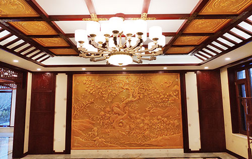 柳城中式别墅客厅中式木作横梁吊顶装饰展示